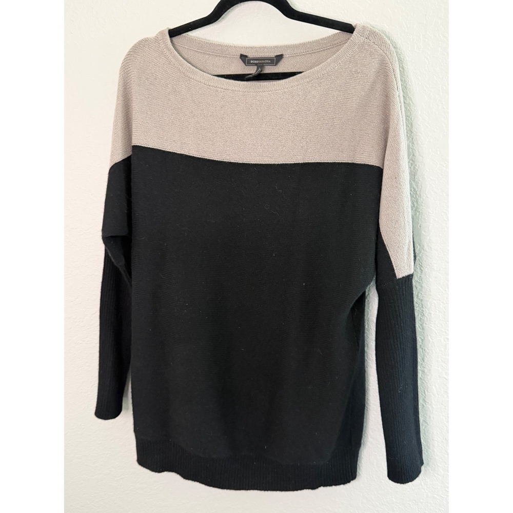 BCBGMAXAZRIA Wool Yak Blend Oversized Sweater XS Tan Black Dolman Minimalist